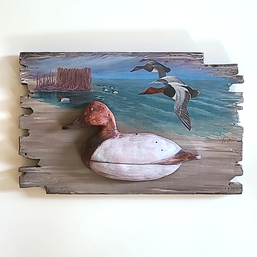 Sculptured Clay Duck on Painted Wood Handmade by Don Reardon Artist